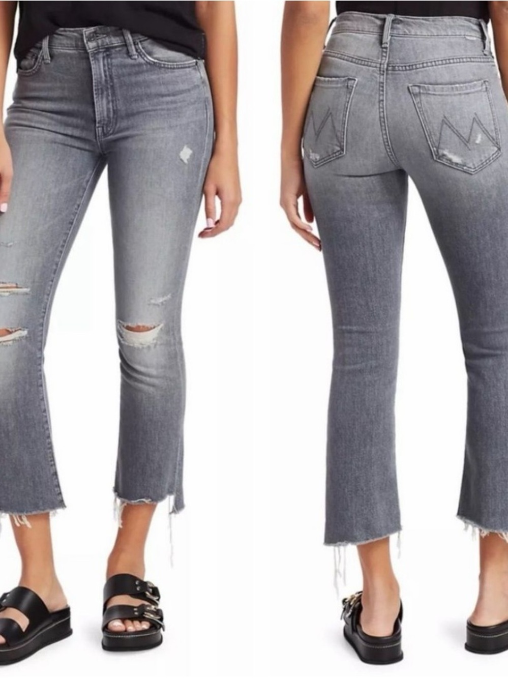 MOTHER Gray Distressed Cropped Ankle Jeans